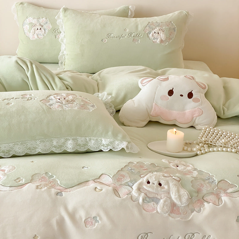 Embroidered Plush Duvet Cover Set with Lace-Trim and Decorative Pillow Shams
