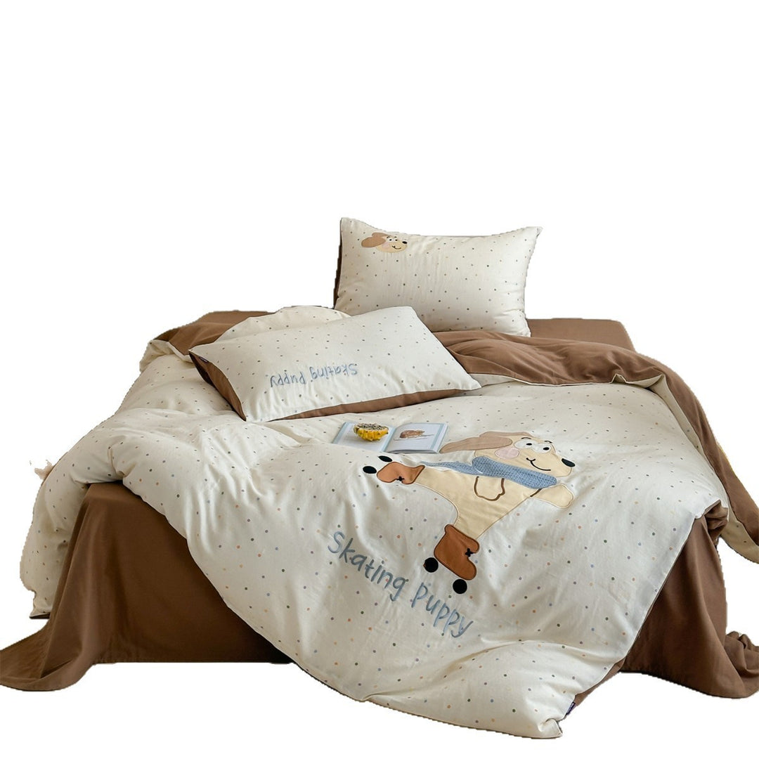 Kids Cotton Duvet Cover Set with Appliqué Bunny and Pastel Heart Print Reversible Lining