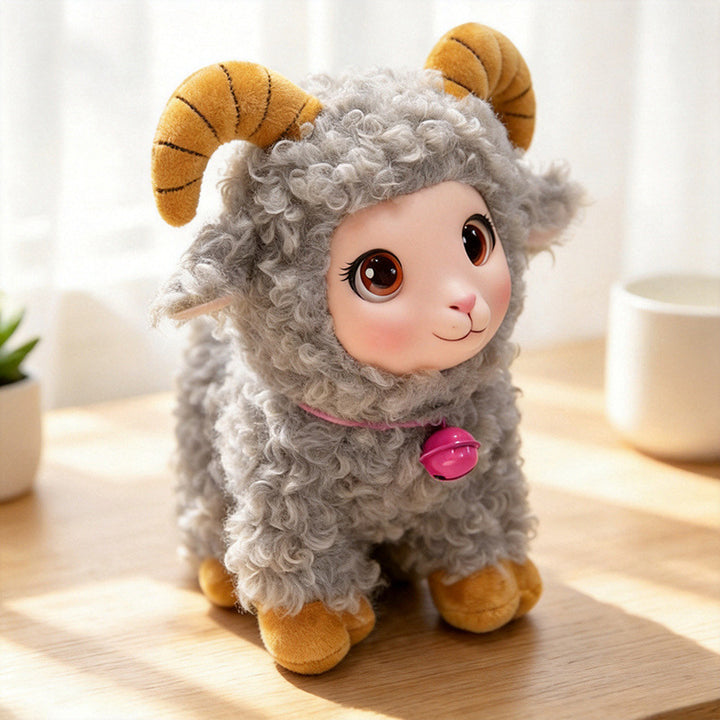 Plush Ram Keychain Charm with Curly Faux-Fur, Sculpted Face, Bell Necklace and Metal Ring Stornfield