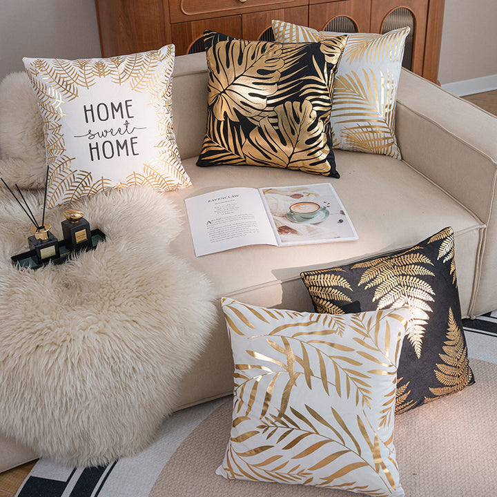 Decorative Square Throw Pillow Cover with Gold Foil Leaf Border and 'Home Sweet Home' Script