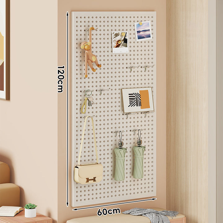 Large Vertical Perforated Wall Storage Panel with Adjustable Hooks and Accessory Mounts