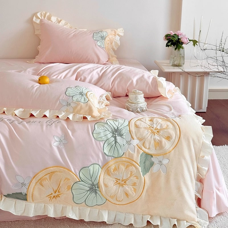 Ruffled Lemon Embroidered Duvet Cover Set with Decorative Shams