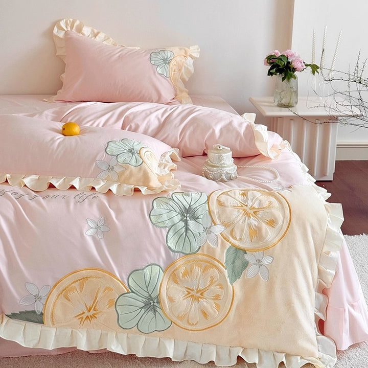 Ruffled Lemon Embroidered Duvet Cover Set with Decorative Shams