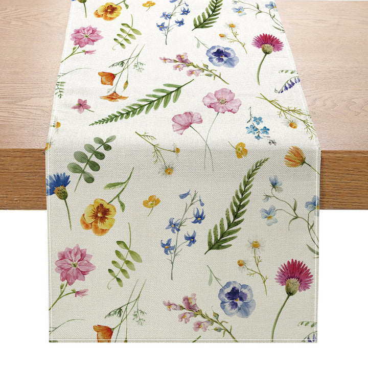 Linen-Blend Watercolor Floral Botanical Table Runner with Stain-Resistant Finish and Hemmed Edges