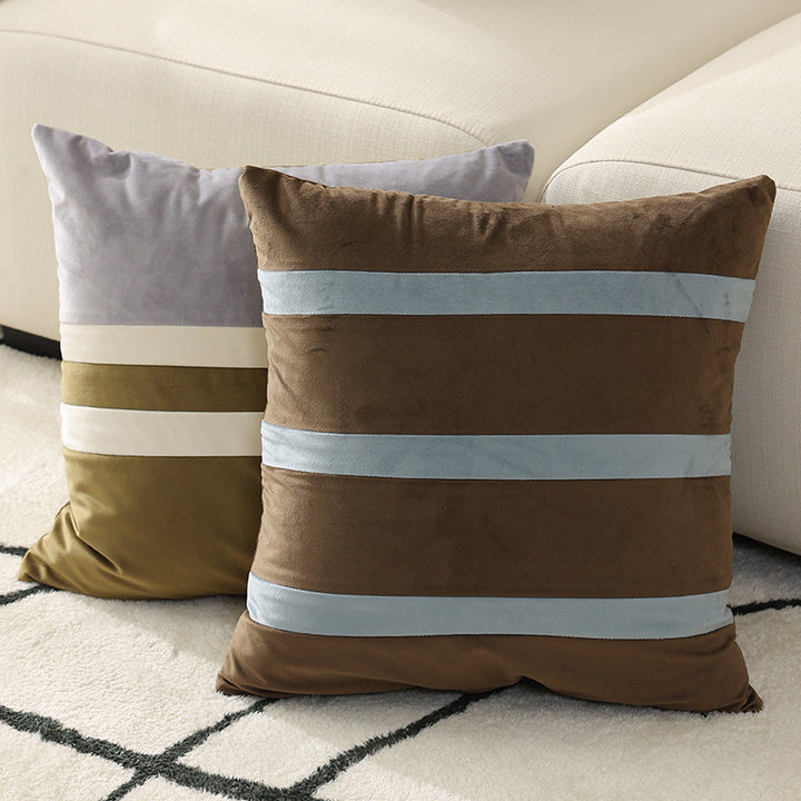 Square velvet decorative cushion with contrasting stripes and hidden zipper