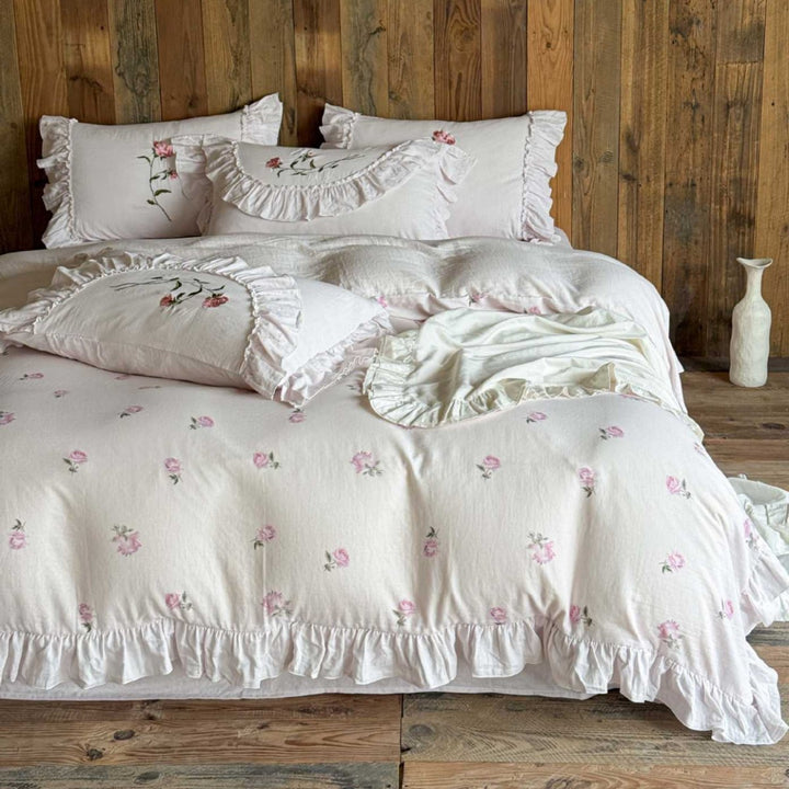 Vintage French Farmhouse Ruffled Linen-Cotton Duvet Cover & Sham Set with Hand-Embroidered Roses