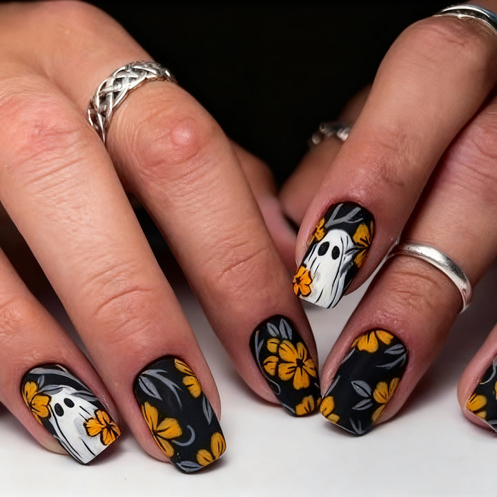 Artistic Floral Ghost-Themed Nail Art Enhancements Stornfield