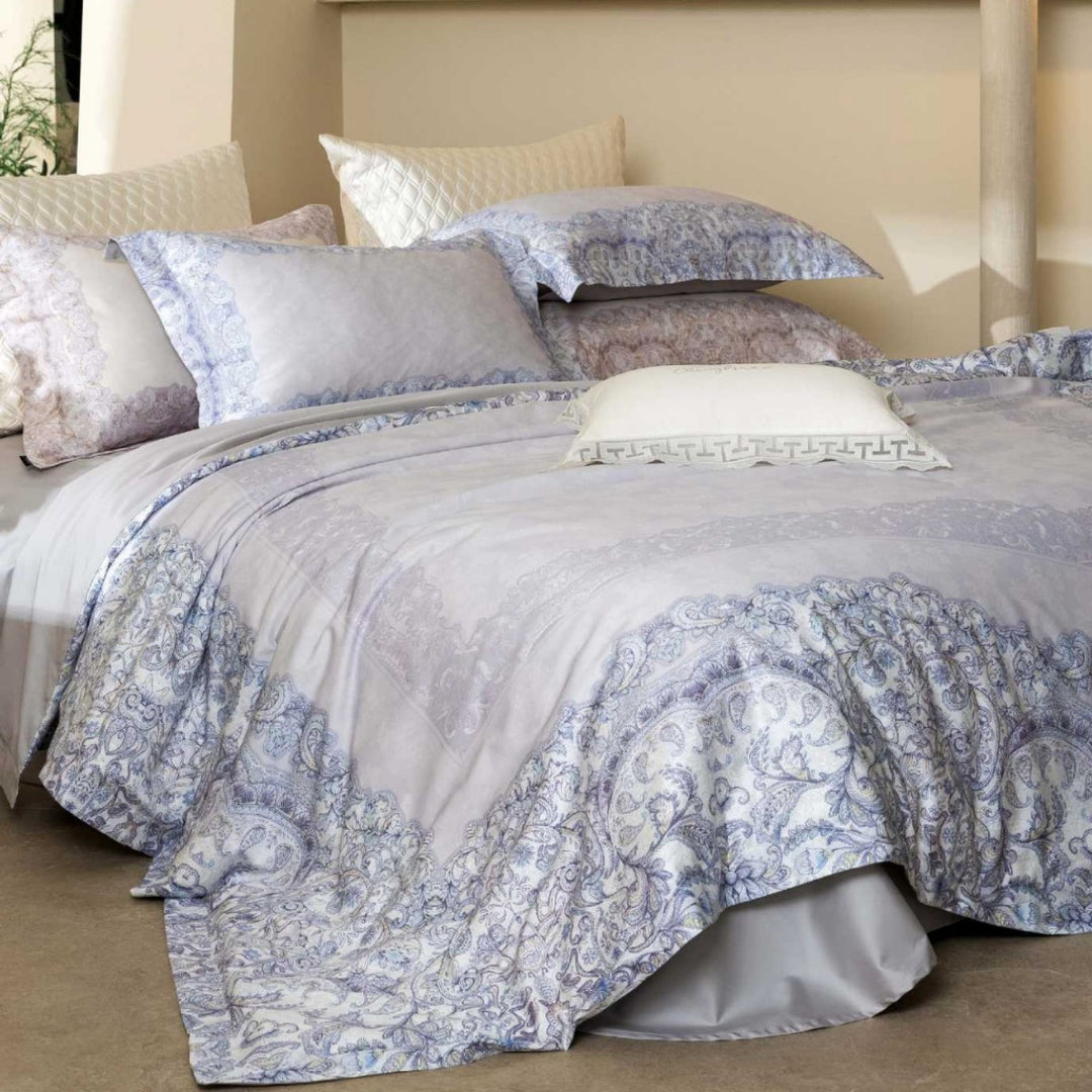 Botanical Printed Sateen Duvet Cover Set with Silk-Like Satin Hem and Decorative Shams