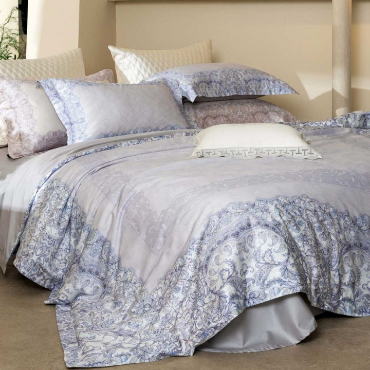 Botanical Printed Sateen Duvet Cover Set with Silk-Like Satin Hem and Decorative Shams