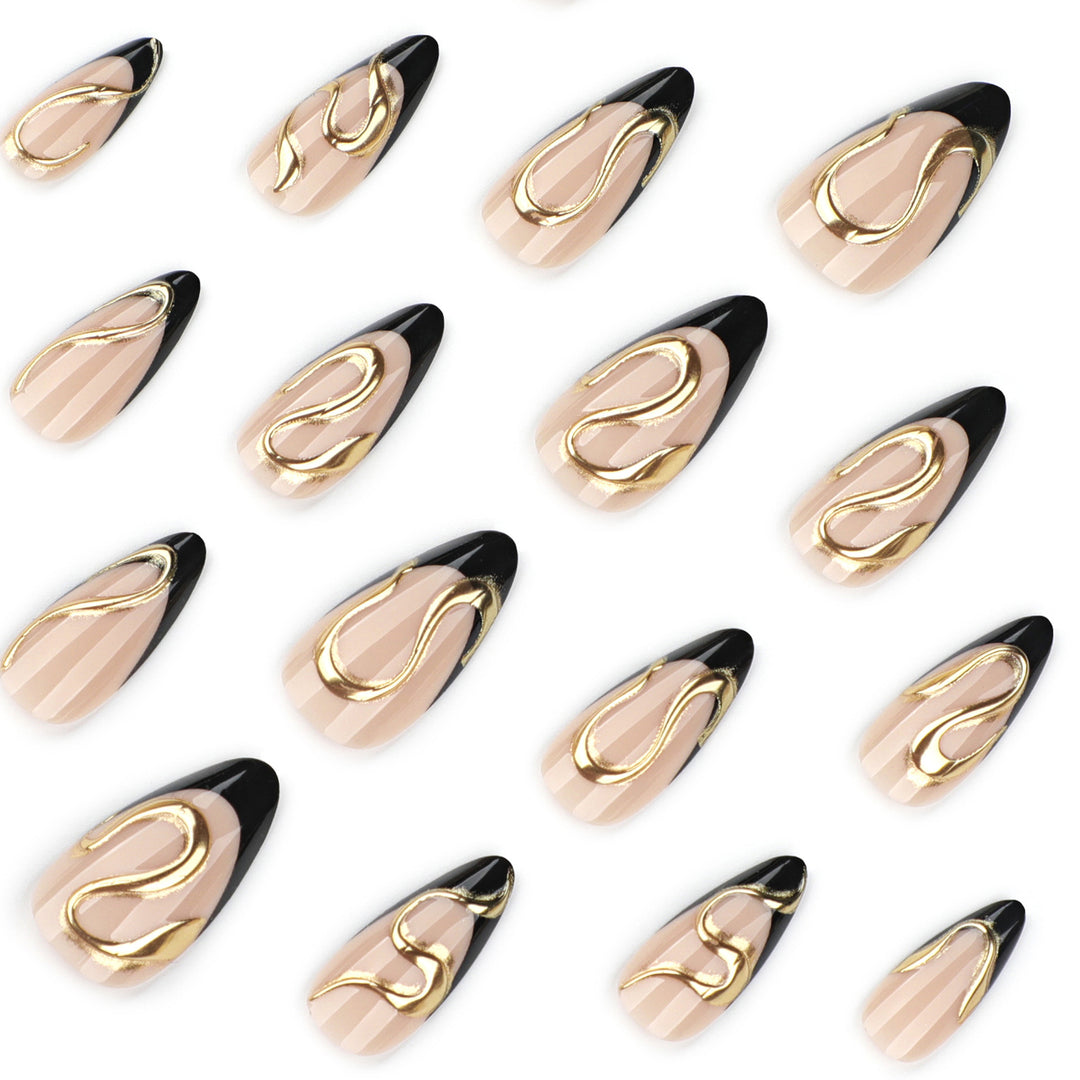 Artful stiletto nails with elegant gold design Stornfield