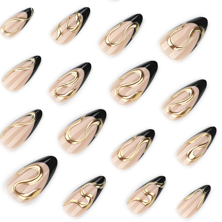 Artful stiletto nails with elegant gold design Stornfield