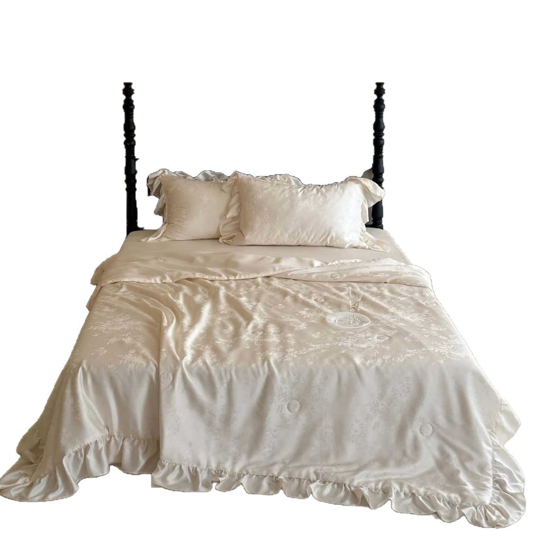 Luxury Satin Ruffled Duvet Cover Set with Jacquard Floral Weave