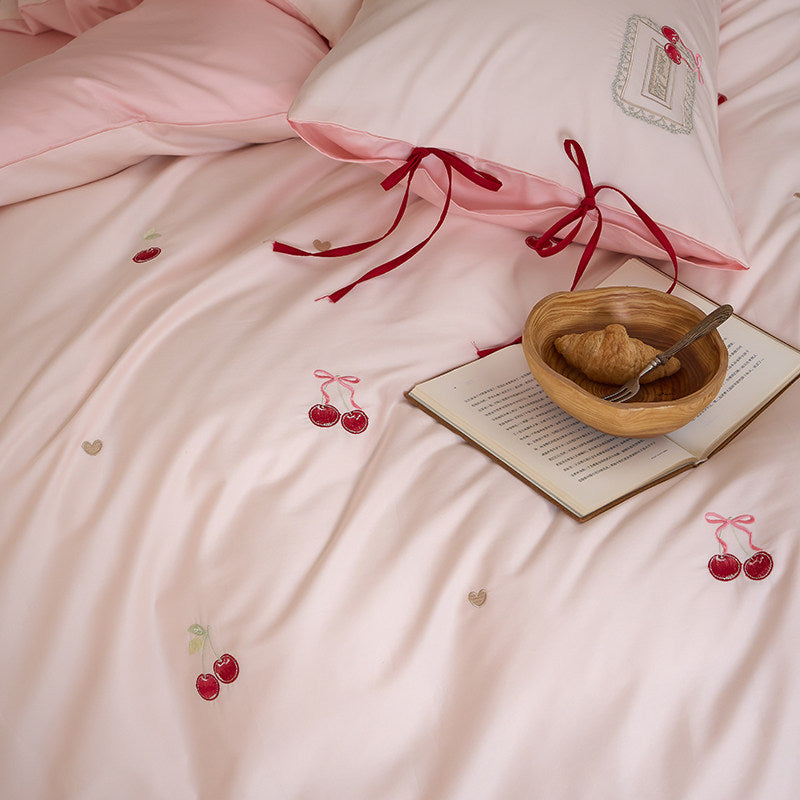 Embroidered Cherry Motif Cotton Percale Duvet Cover Set with Ribbon-Tie Pillow Shams