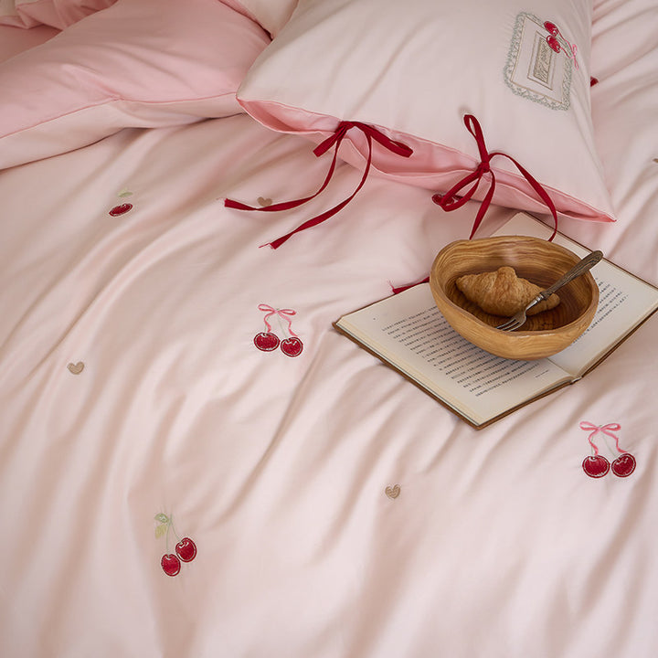 Embroidered Cherry Motif Cotton Percale Duvet Cover Set with Ribbon-Tie Pillow Shams