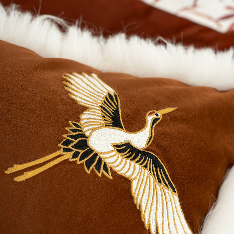 Luxurious embroidered satin pillowcase with art fur trim and crane motif Stornfield