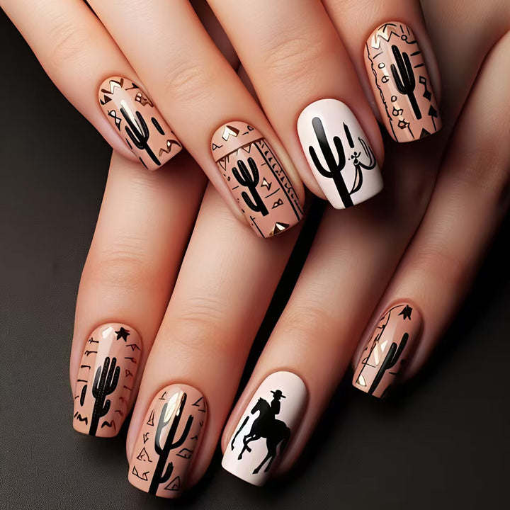 Artificial nail design with geometric desert motif Stornfield