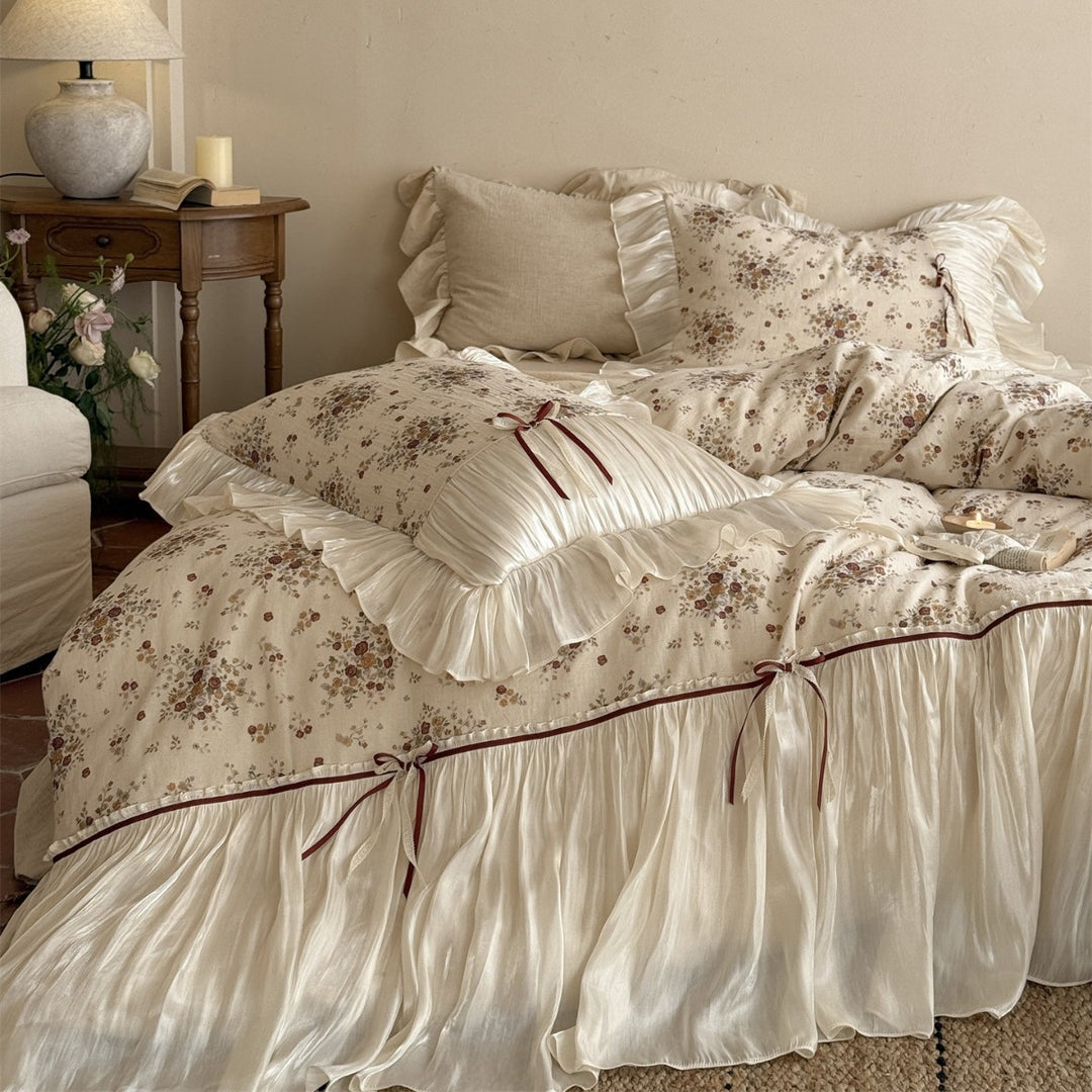 Floral Ruffled Satin-Trim Duvet Cover Bedding Set with Decorative Ribbon Bows
