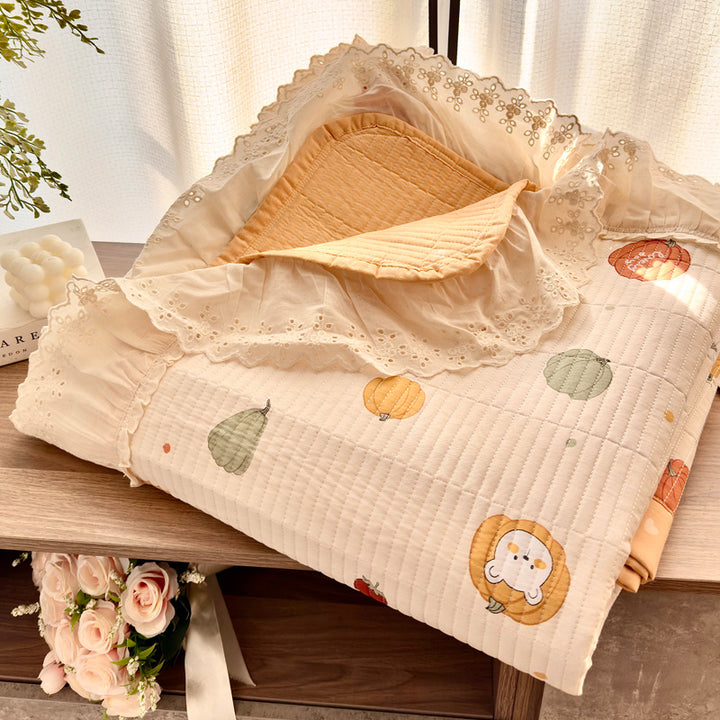 Quilted Floral Reversible Throw Blanket with Eyelet Lace Ruffle