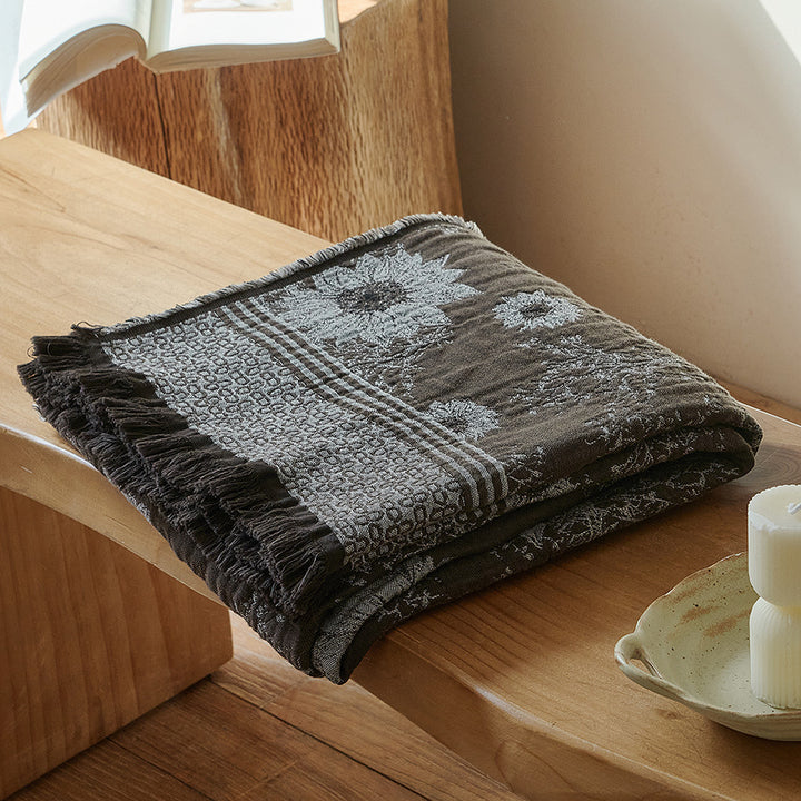 Jacquard Floral Textured Throw Blanket with Fringed Edge
