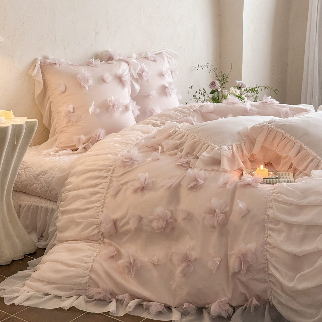 Romantic Ruffled Floral Appliqué Duvet Cover Set