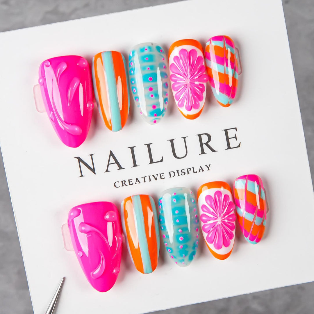 Artistic Press-On Nail Set with Vibrant Designs