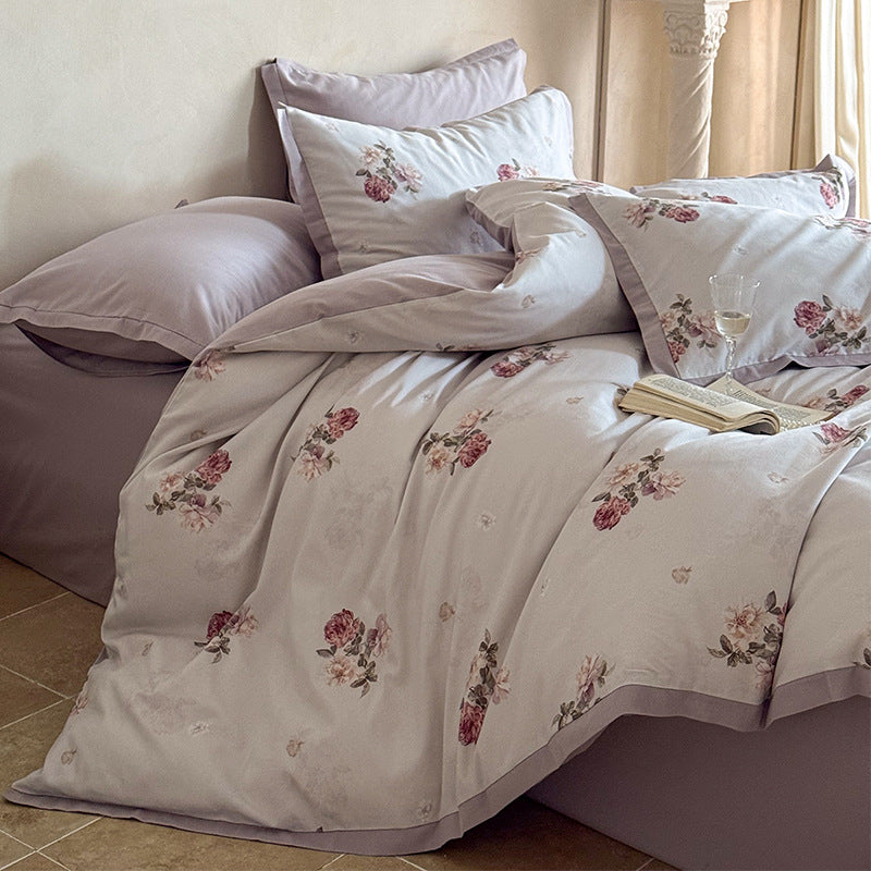 Romantic Cotton Sateen Reversible Duvet Cover Set with Scattered Rose Print and Piped Hem