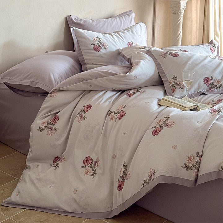 Romantic Cotton Sateen Reversible Duvet Cover Set with Scattered Rose Print and Piped Hem