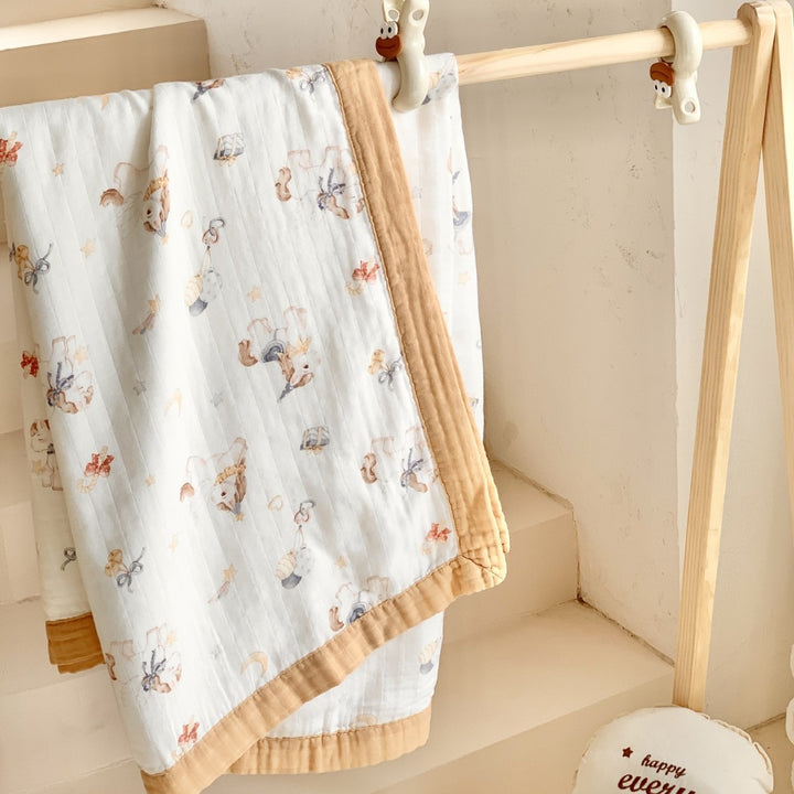 Muslin Cotton Blanket with Whimsical Animal Print and Quilted Border