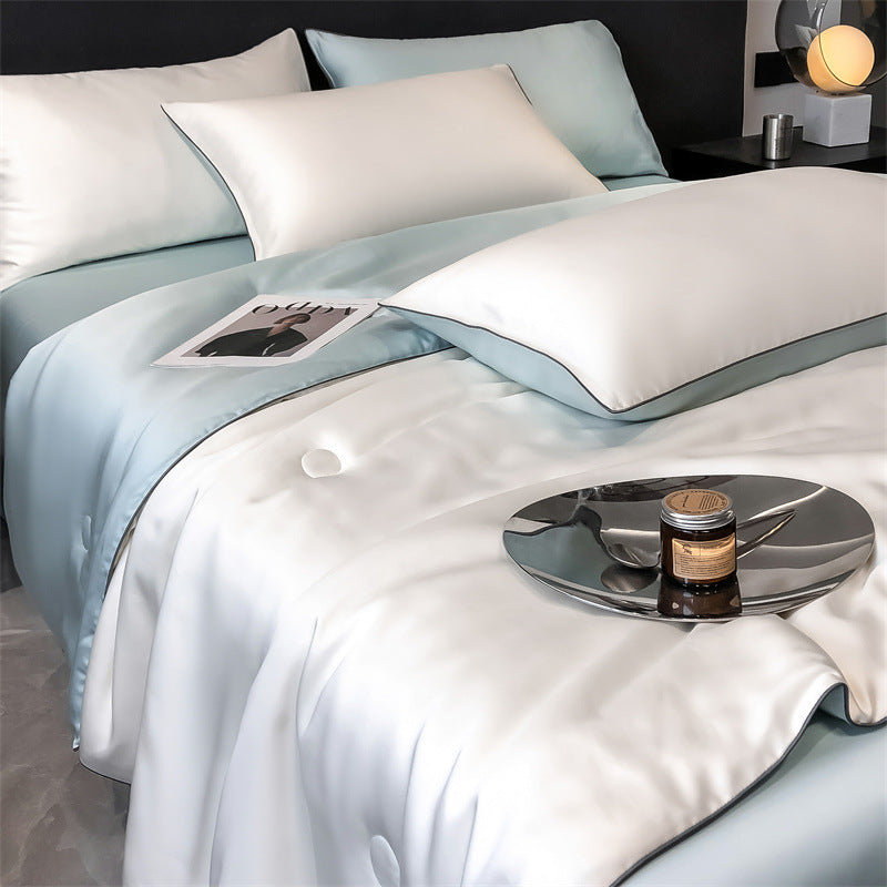 Silk cotton satin bedding cover with quilted comfort edge and pillowcases