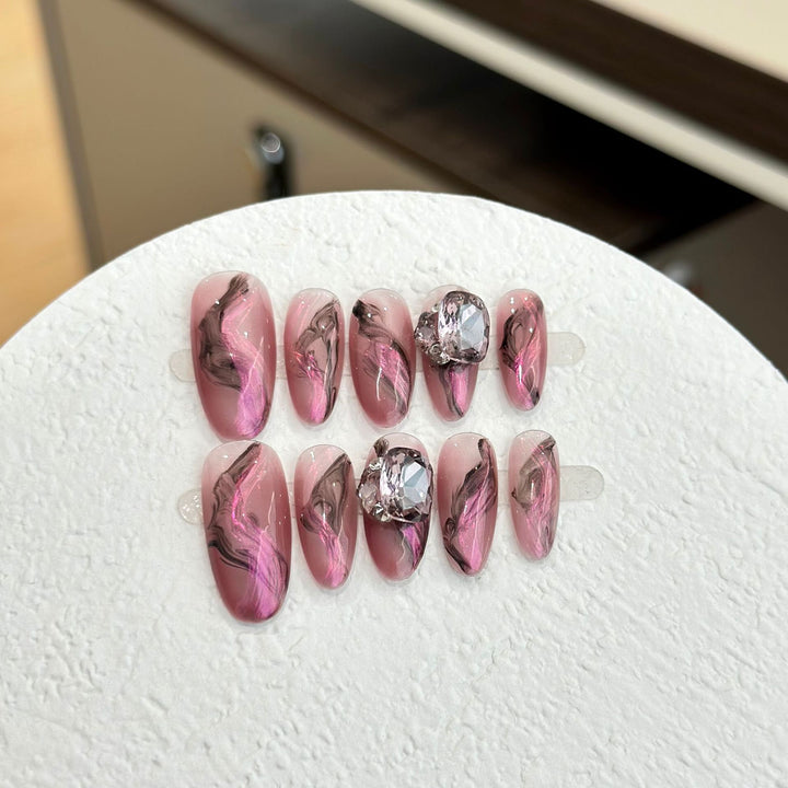 Artistic Marble-Design Press-On Nail Set with Gemstone Accents