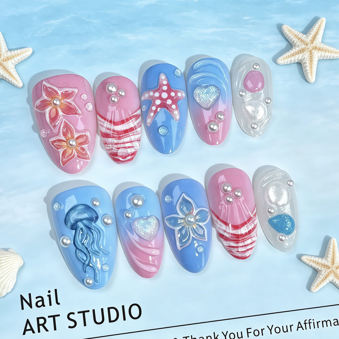 Artistic Ocean-Inspired Press-On Nail Set