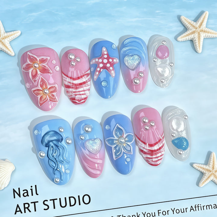 Artistic Ocean-Inspired Press-On Nail Set