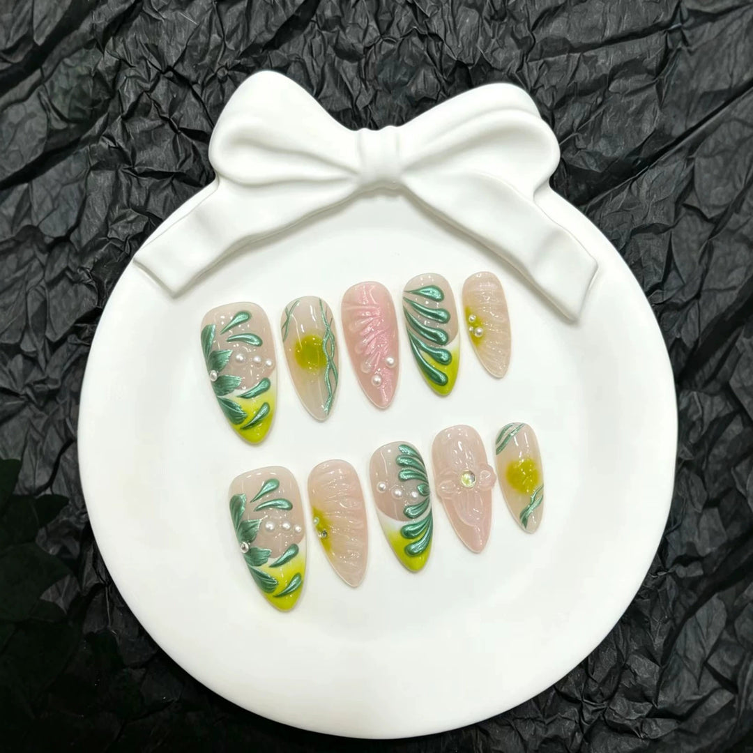 Decorative Press-On Nail Art Set with Floral and Botanical Designs