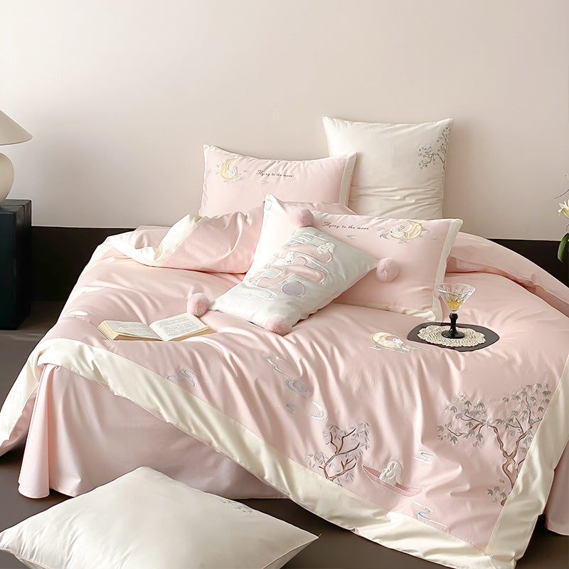 Luxury Cotton-Sateen Embroidered Duvet Cover Set with Satin Hem & Decorative Pillow Shams