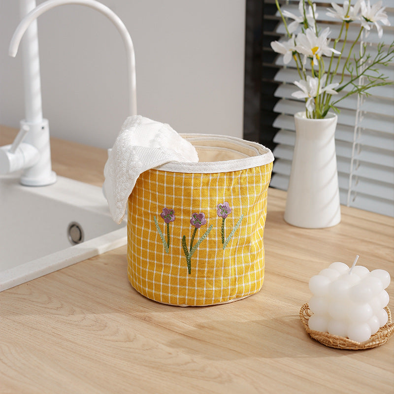 Padded fabric storage basket with Vichy check and embroidered lavender motif Stornfield