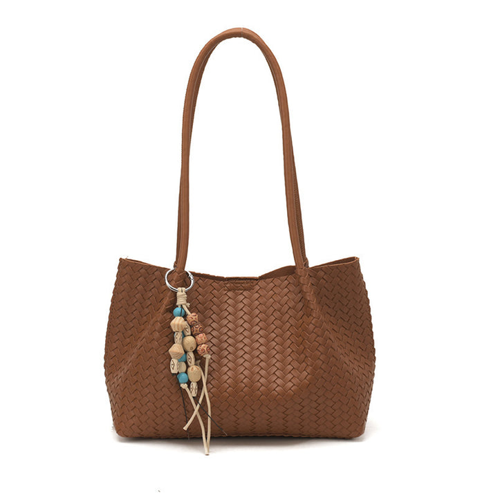 Woven Leather Tote Bag with Decorative Charms