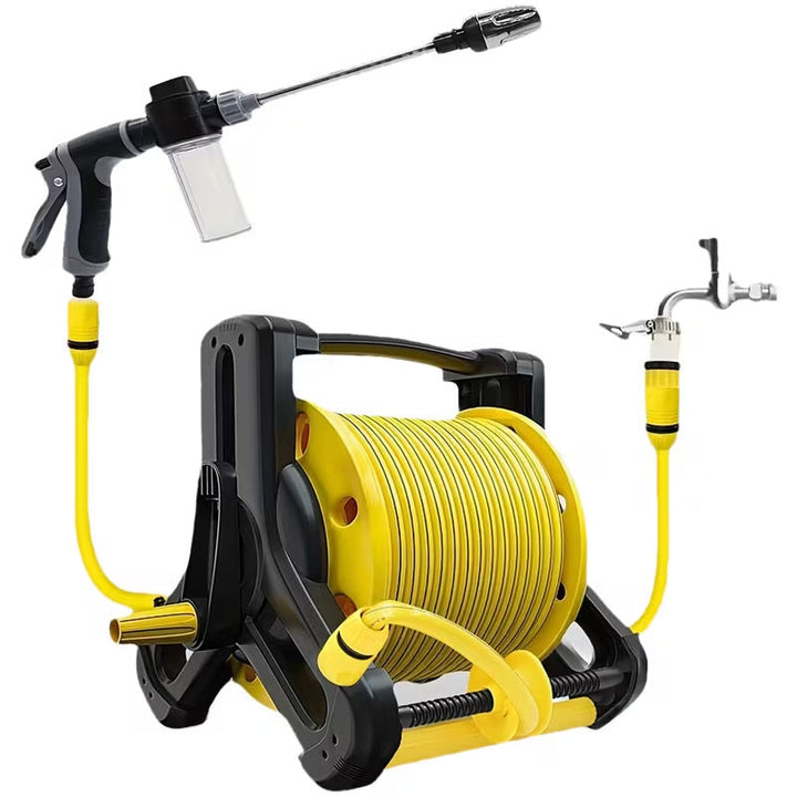 heavy-duty retractable garden hose reel system with pistol spray gun and faucet connector Stornfield