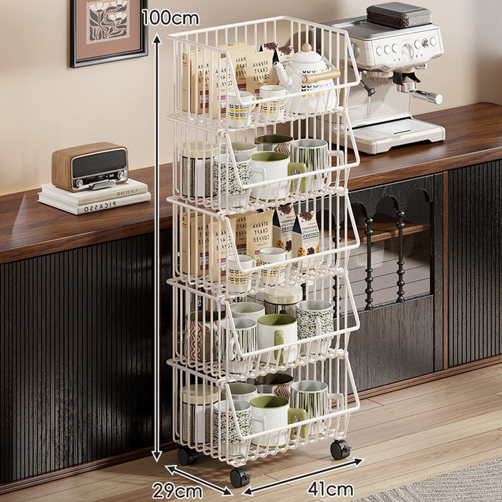 Four-Tier Tall Rolling Wire Pantry and Mug Storage Cart with Deep Slanted Baskets