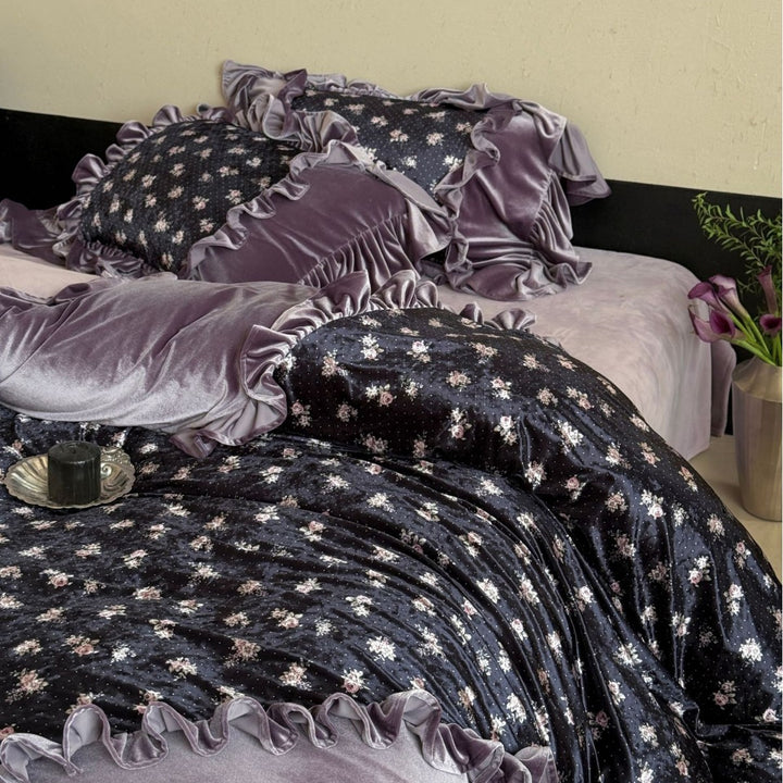 Ruffled Velvet Floral Quilted Duvet Cover Set