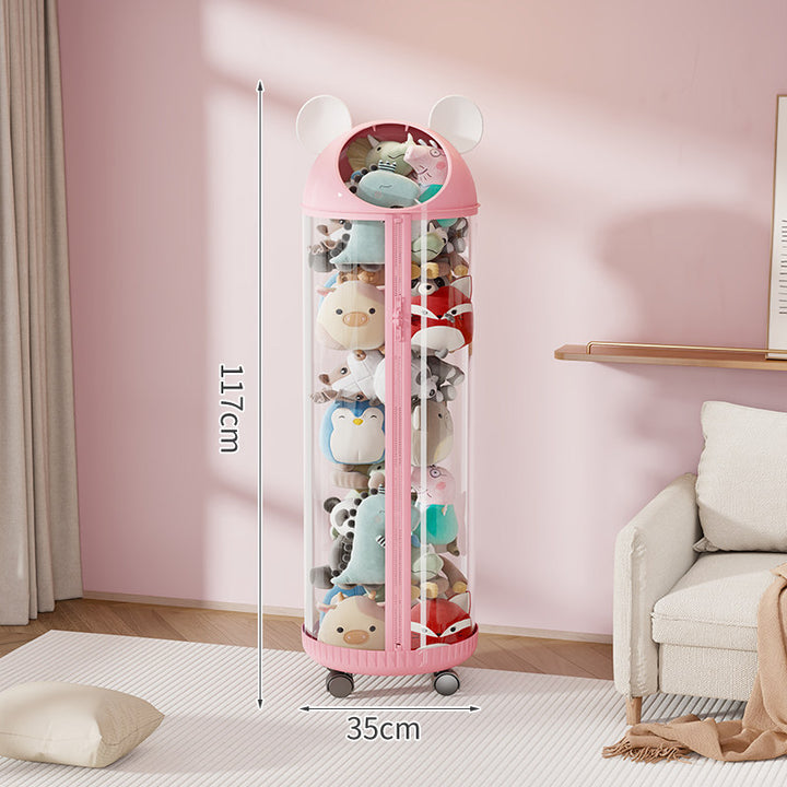 Vertical Clear Cylinder Plush Toy Storage Tower with Divided Shelves and Caster Base