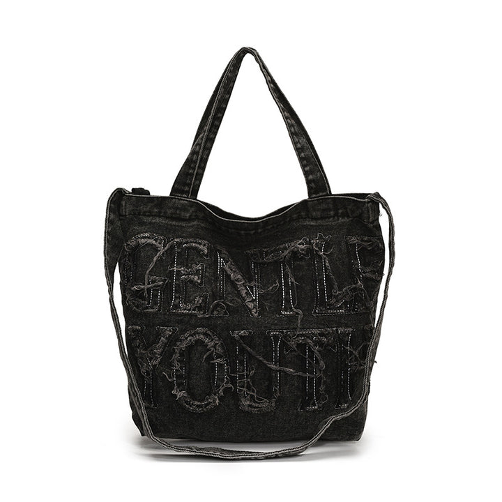 Distressed Denim Graphic Tote Bag