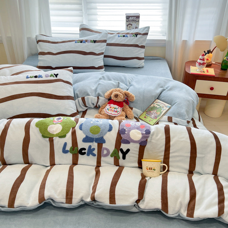 Plush Embroidered Cat Stripe Comforter Bedding Set
