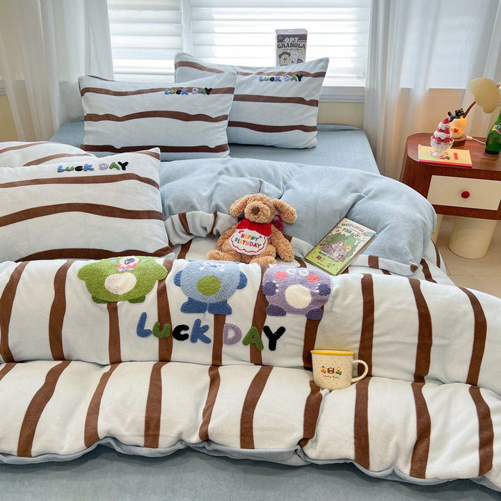 Plush Embroidered Cat Stripe Comforter Bedding Set