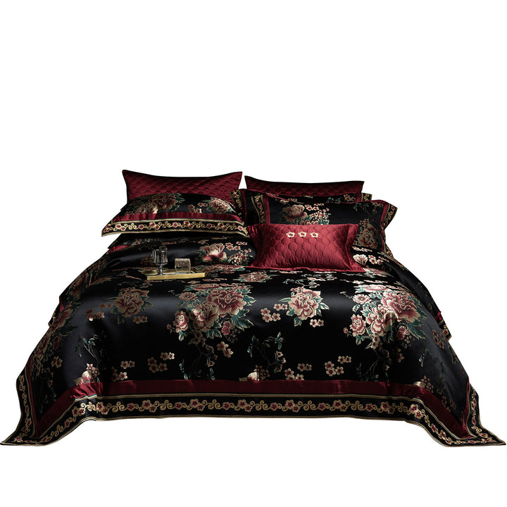 Luxury Satin Floral Jacquard Duvet Cover Set with Quilted Accent Pillow
