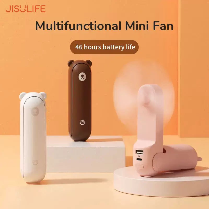 Unisex one size foldable rechargeable triple handheld mini fan with integrated power bank USB-C and USB-A connections as well as wrist strap Stornfield