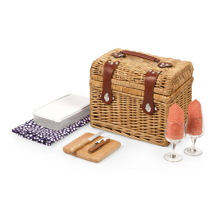 Ladies picnic basket with stylish glasses and wooden boards Stornfield