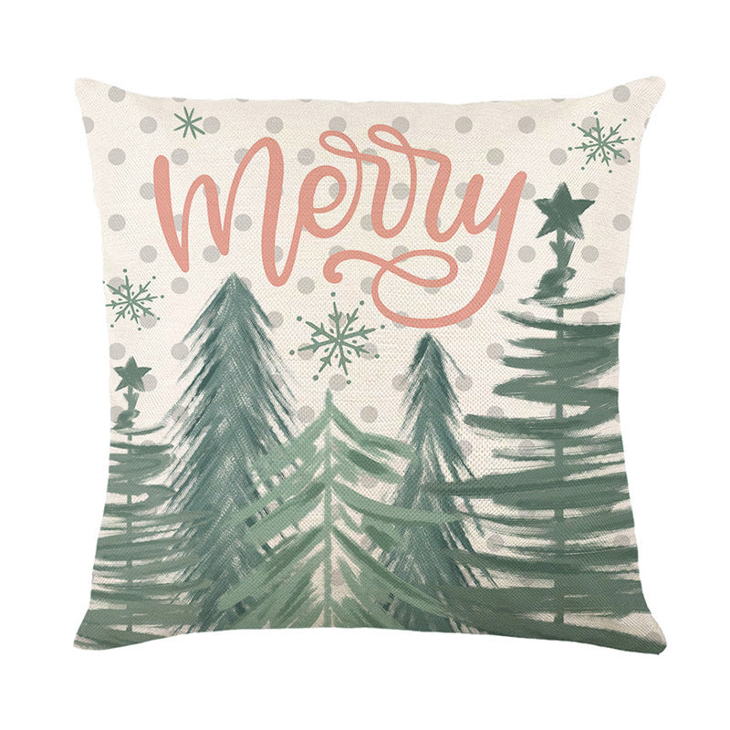 Decorative Linen-Texture Throw Pillow Cover Holiday Wreath Joy Script Print with Hidden Zipper
