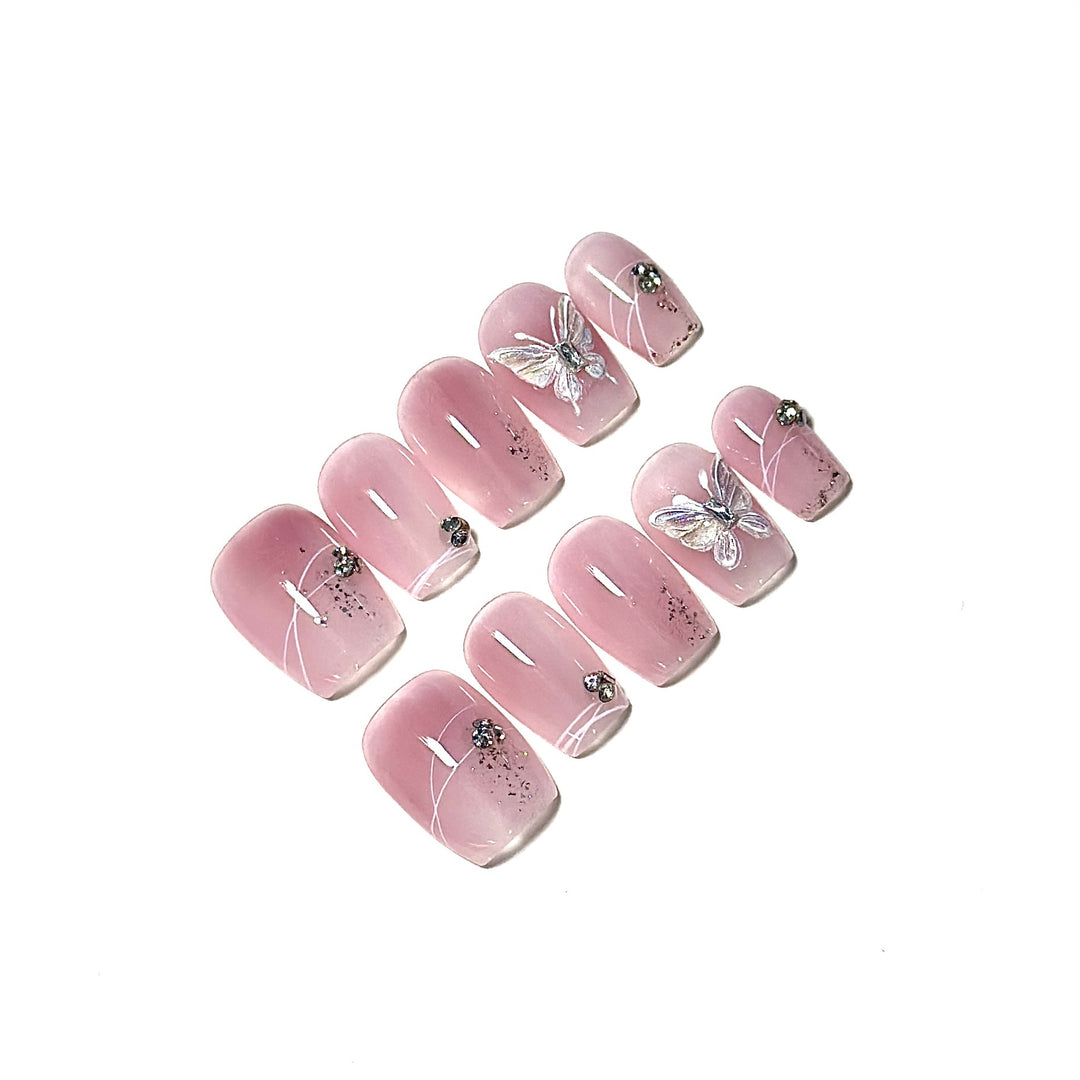 Elegant Press-On Nail Art Set with Butterfly and Gem Embellishments
