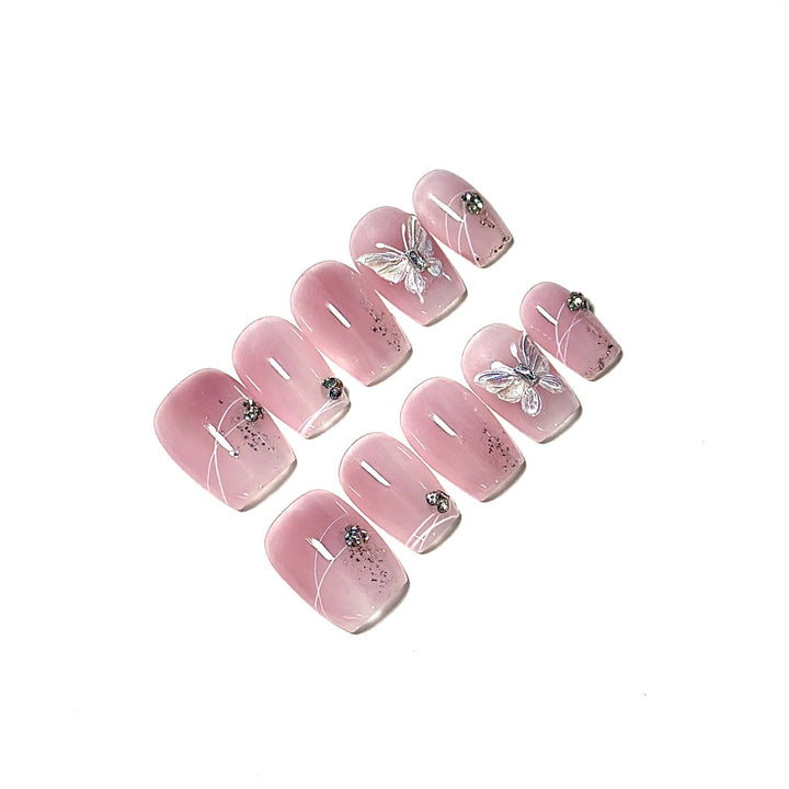 Elegant Press-On Nail Art Set with Butterfly and Gem Embellishments
