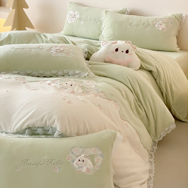 Embroidered Plush Duvet Cover Set with Lace-Trim and Decorative Pillow Shams